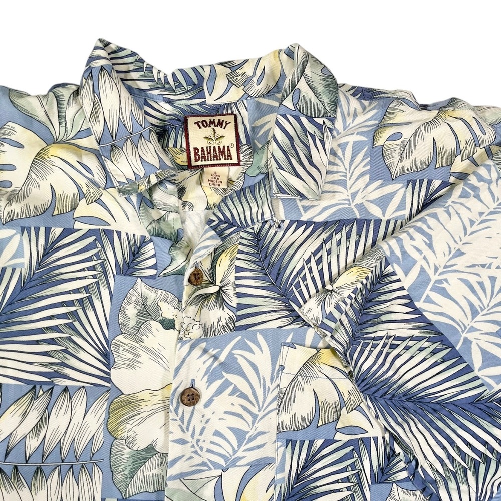 Tommy Bahama L Blue Silk Button Down Shirt Tropical Floral Camp Collar Aloha
